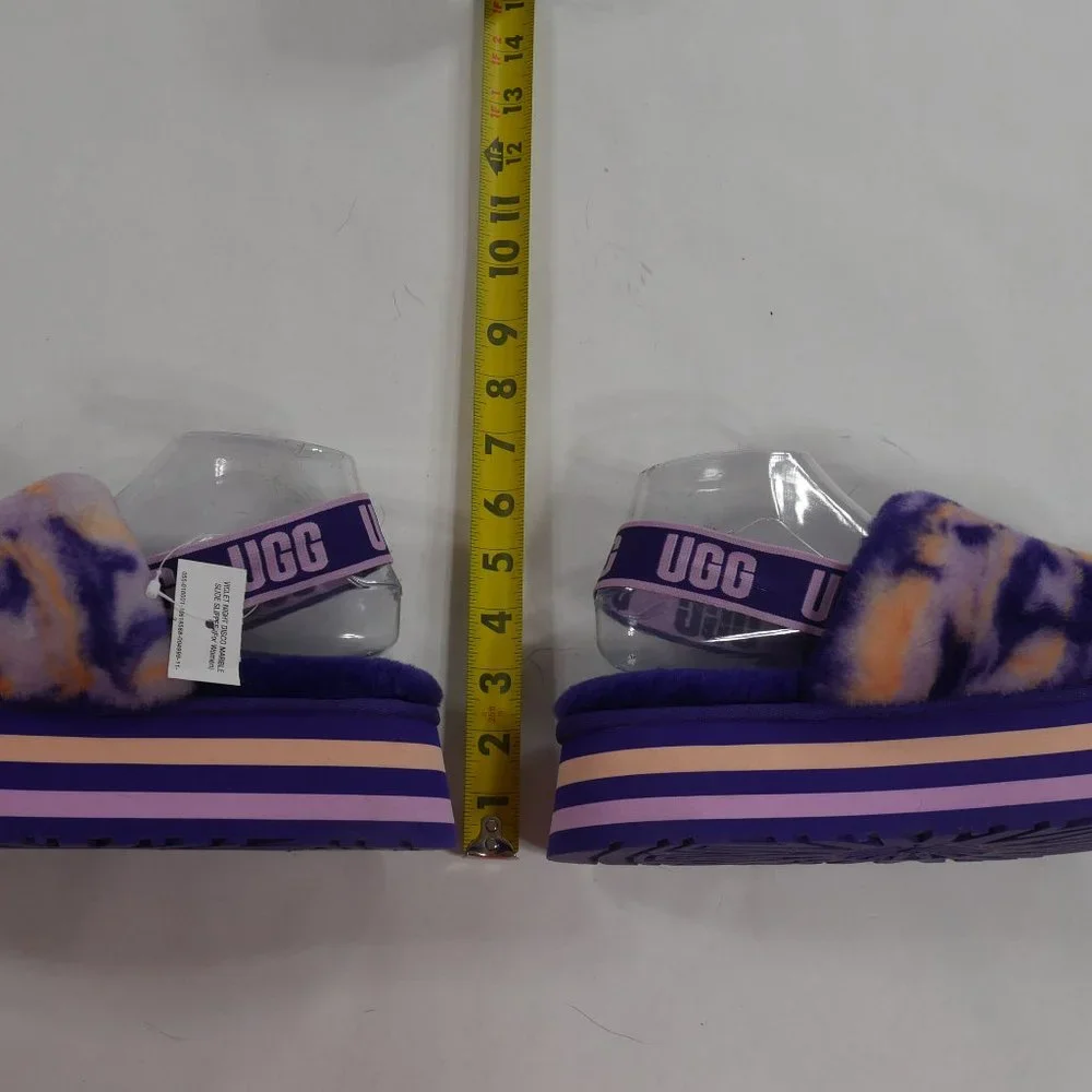 New UGG® Plush Disco Marble Fur Platform Slides Violet Night Womens Size 10
